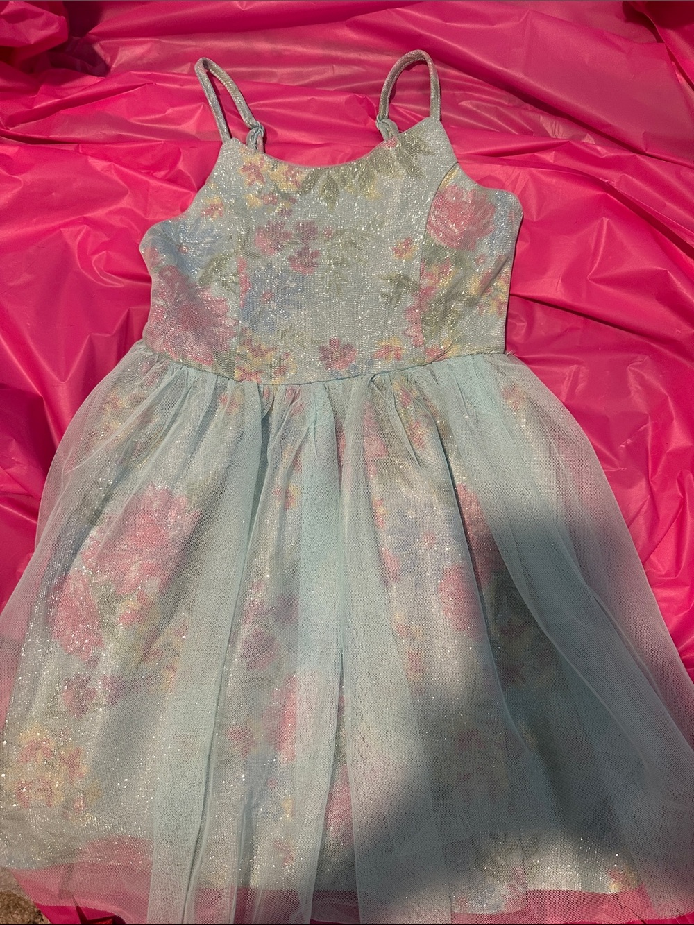 Sparkle Floral Tulle Girls' Dress - Light Blue & Pink